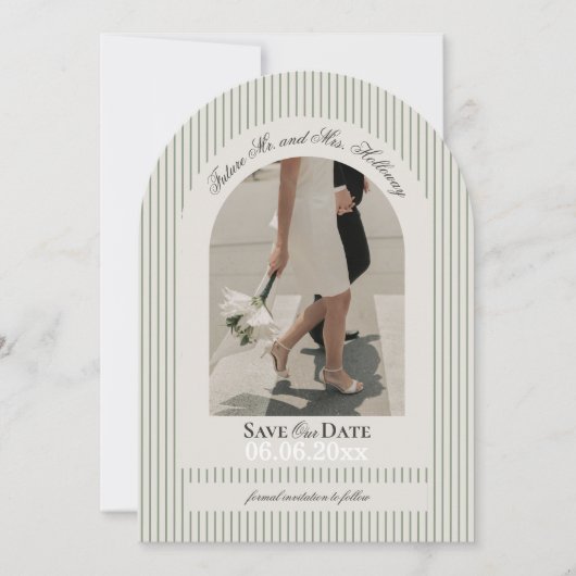 Old Money Script Green Stripe Foto Sla de datum op Kaart (Voorkant)