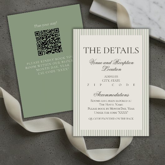 Old Money Script Green Stripe Wedding Details Informatiekaartje