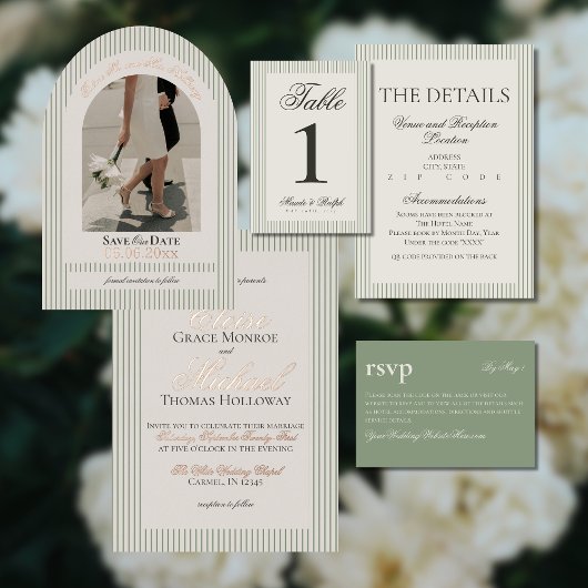 Old Money Script Green Stripe Wedding Details Informatiekaartje