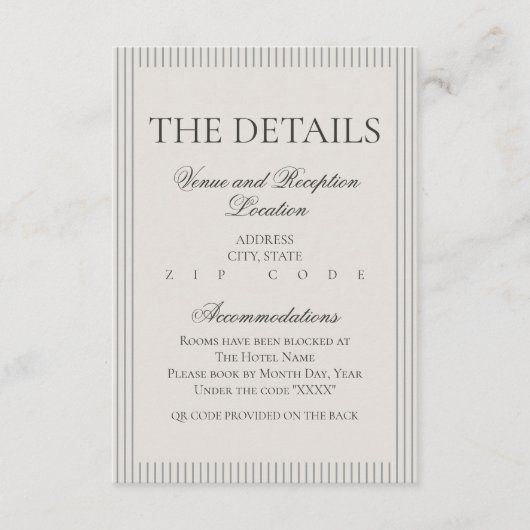 Old Money Script Neutral Stripe Wedding Details Informatiekaartje (Voorkant)