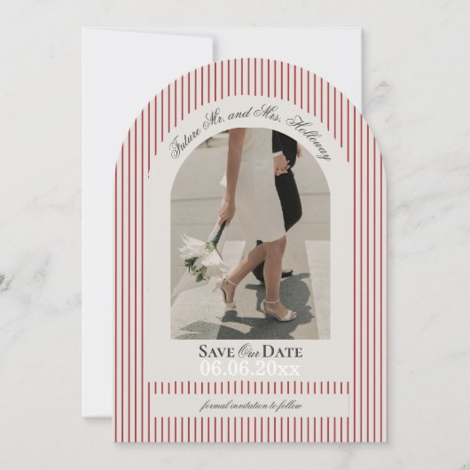 Old Money Script Red Stripe Foto Sla de datum op Kaart (Voorkant)