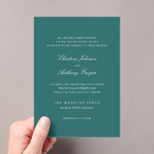 Old Money Teal Classic Wedding Acryl Uitnodigingen (Insitu (Draagbaar))