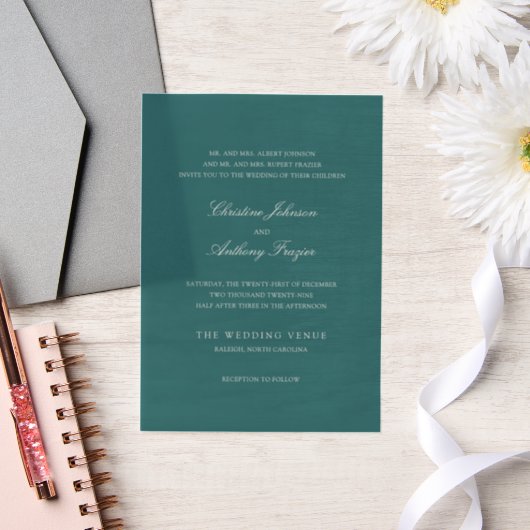 Old Money Teal Classic Wedding Vellum Uitnodigingen (Huwelijk)