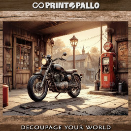 Old motorcycle, a garage with oil pump - Decoupage Inpakpapier Vel