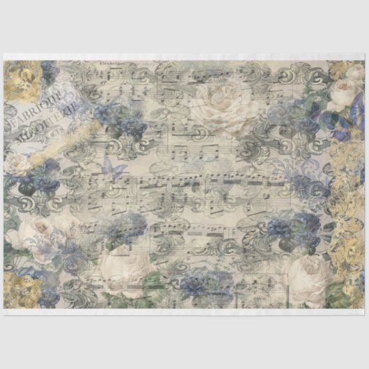 Old Music Sheet French Gold Navy Blue Flowers Tissuepapier (Voorkant)