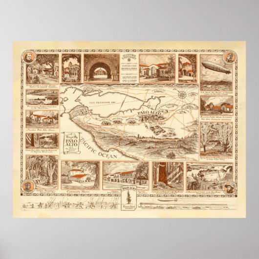 Old Palo Alto CA Map (1925)  California Bay Poster (Voorkant)