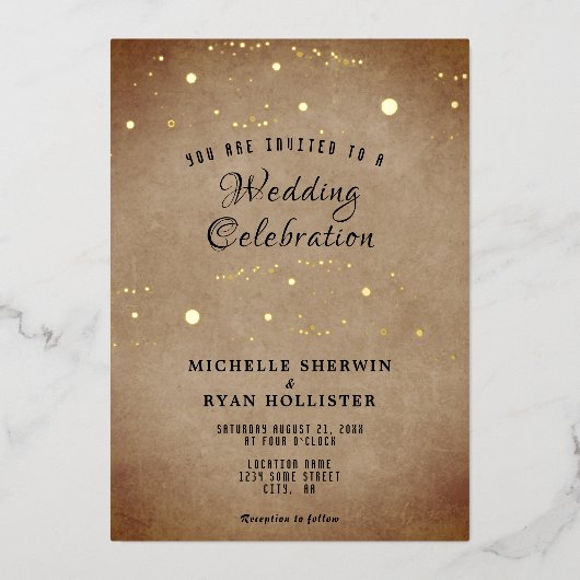 Old Paper Beige Moody Gold Foil Wedding Folie Uitnodiging (Voorkant)