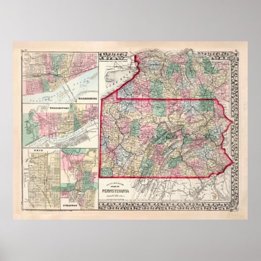 Old Pennsylvania & Various Cities Map (1874) Poster (Voorkant)