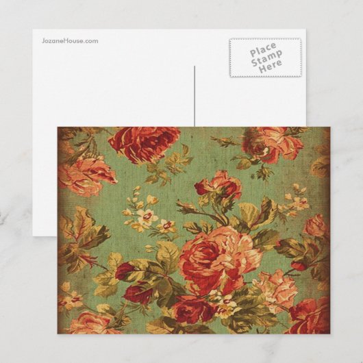 Old Pink Roses op groen Briefkaart (Voorkant / Achterkant)