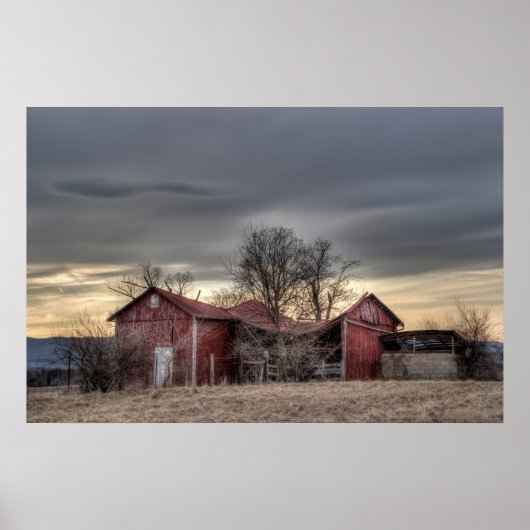 Old Red Barn Winter Trees HDR Photography Poster (Voorkant)