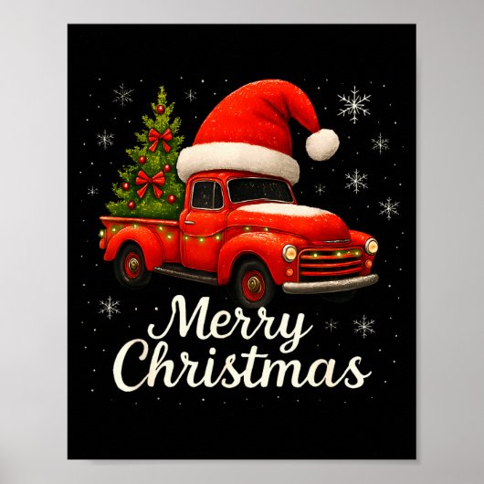 Old Red Truck Santa Hat Xmas Tree Merry Christmas  Poster (Voorkant)