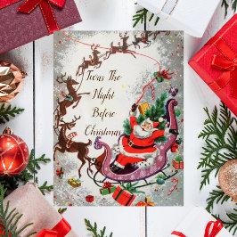 Old Red Vintage Santa Claus Flying Reindeer Sleigh Briefkaart