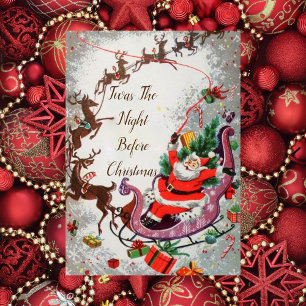 Old Red Vintage Santa Claus Flying Reindeer Sleigh Kaart