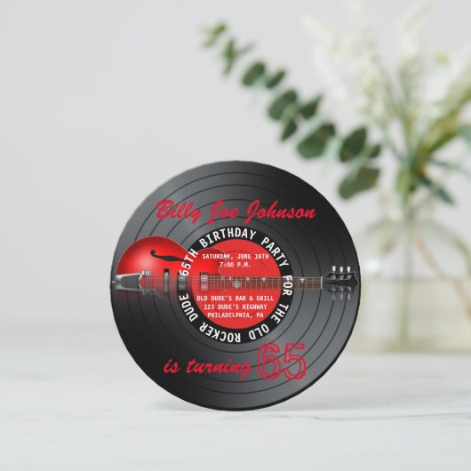 Old Rocker Man Guitar Record 65th Birthday Party Kaart (Staand voorkant)