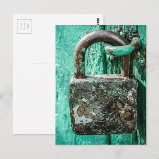 Old Rusted Lock Teal Aqua Blue Wooden Door Briefkaart (Voorkant / Achterkant)