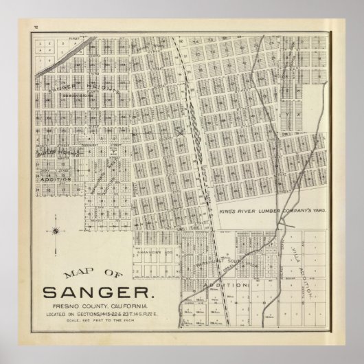 Old Sanger CA Map (1891) Poster (Voorkant)