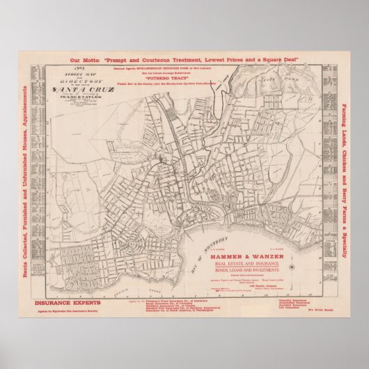 Old Santa Cruz CA Map (1909)  Surf City Poster (Voorkant)