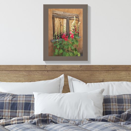 Old Santa Fe Window and Holly Hocks  Canvas Afdruk (Insitu (Slaapkamer))