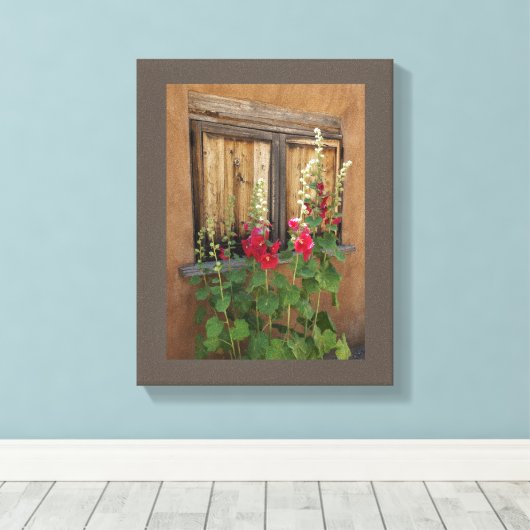 Old Santa Fe Window and Holly Hocks  Canvas Afdruk (Insitu (Houten vloer))