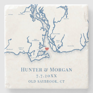 Old Saybrook CT Huwelijkskaart Navy Blauwe Huwelij Stenen Onderzetter