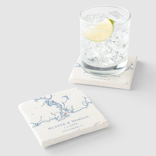 Old Saybrook CT Kaart Marine Blauw Huwelijk Stenen Onderzetter (Zijkant)