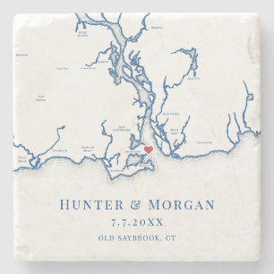 Old Saybrook CT Kaart Marine Blauw Huwelijk Stenen Onderzetter