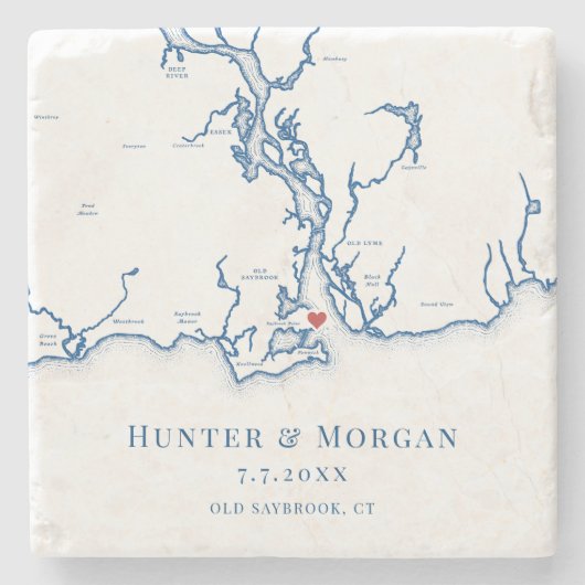 Old Saybrook CT Kaart Marine Blauw Huwelijk Stenen Onderzetter (Voorkant)