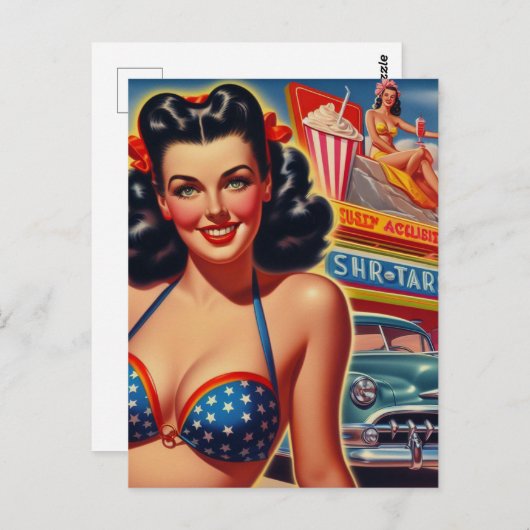 Old School 1950s Meisje Briefkaart (Voorkant / Achterkant)