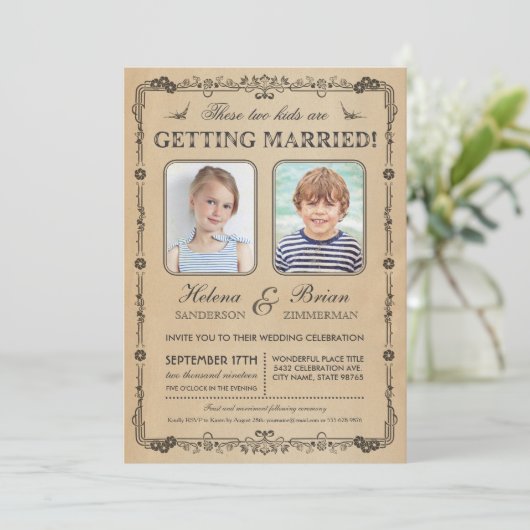 Old School foto's bruiloft uitnodiging (Staand voorkant)