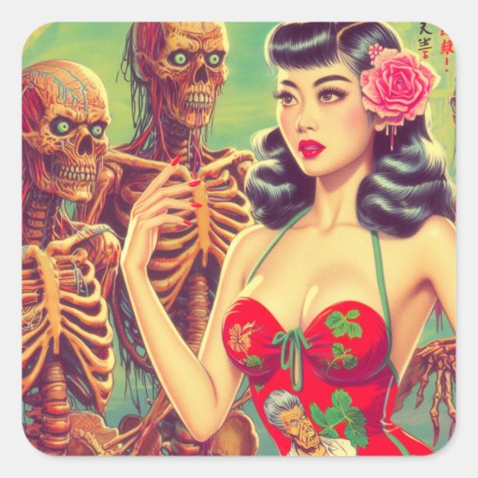 old school horror meisje vierkante sticker (Voorkant)