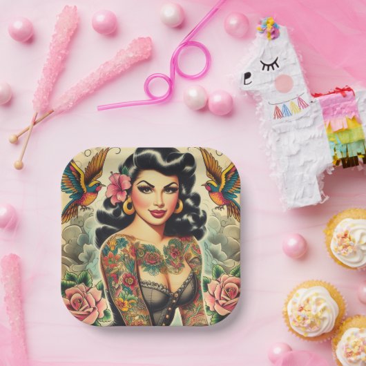 Old School Inked Meisje Papieren Bordje (Feest)