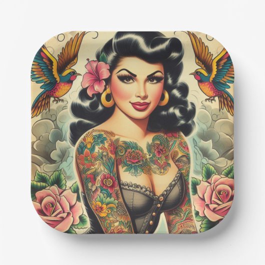 Old School Inked Meisje Papieren Bordje (Voorkant)