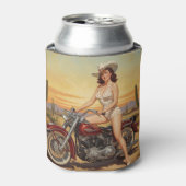 Old school Retro Pin-up meisje op motor Blikjeskoeler (Blikje Voorkant)