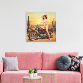 Old school Retro Pin-up meisje op motor Canvas Afdruk (Insitu (Woonkamer))