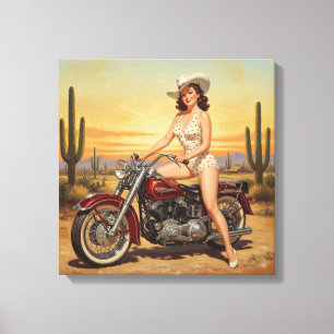 Old school Retro Pin-up meisje op motor Canvas Afdruk