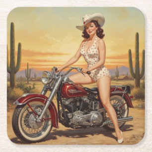 Old school Retro Pin-up meisje op motor Kartonnen Onderzetters