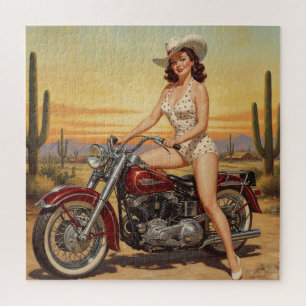 Old school Retro Pin-up meisje op motor Legpuzzel