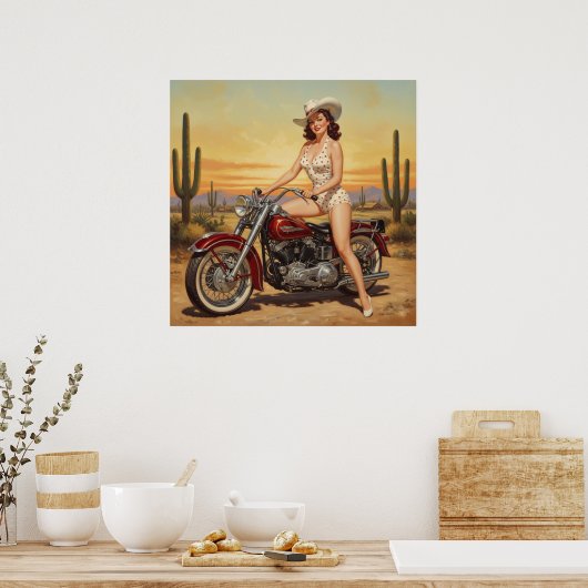 old school Retro Pin-up meisje op motor Poster (Keuken)