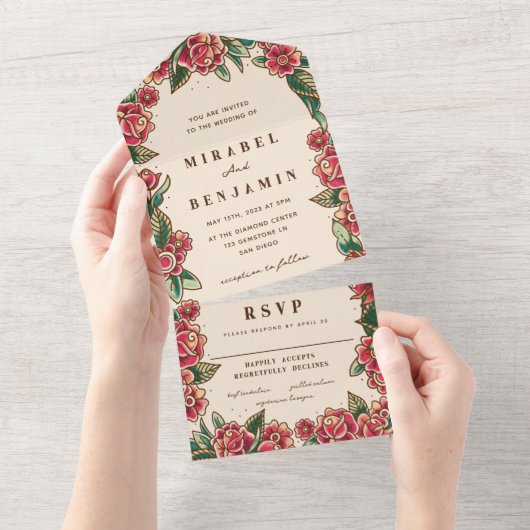 Old School Roos Tattoo Kunst All In One Uitnodiging (Afscheurbaar)