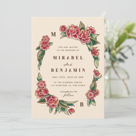 Old School Roos Tattoo Kunst Kaart (Staand voorkant)