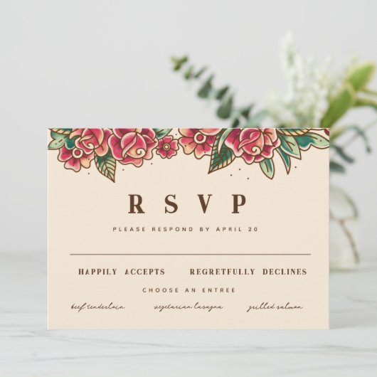 Old School Roos Tattoo Kunst Kaart (Staand voorkant)