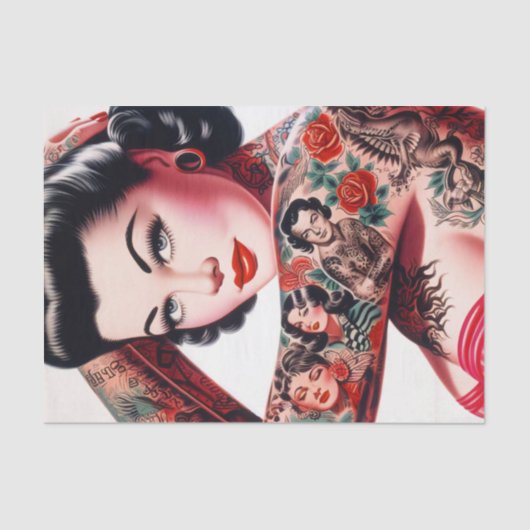 Old School Schattige Tattoo Pin-up Tissuepapier (Voorkant)