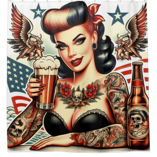 Old School Tattoo Girl Douchegordijn (Voorkant)