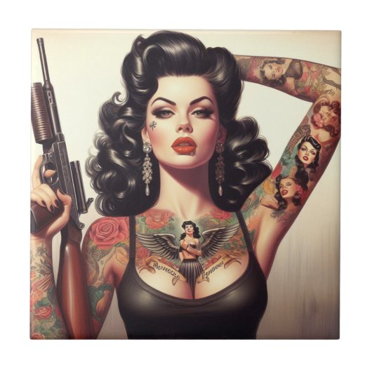 Old School Tattoo Girl Tegeltje (Voorkant)