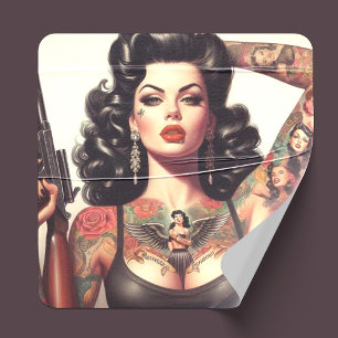 Old School Tattoo Girl Vierkante Sticker