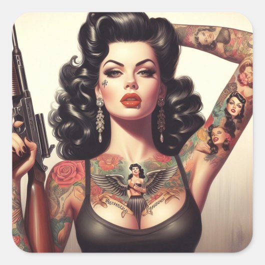 Old School Tattoo Girl Vierkante Sticker (Voorkant)