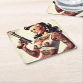 Old School Tattoo Hot Girl Kartonnen Onderzetters (Schuin)