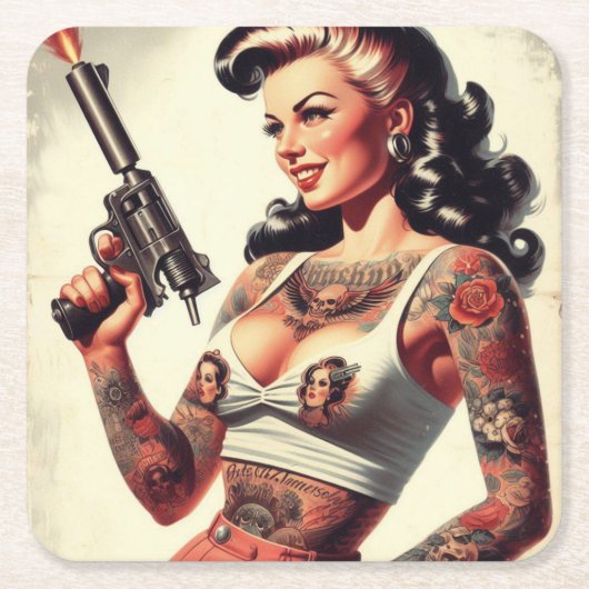 Old School Tattoo Hot Girl Kartonnen Onderzetters (Voorkant)
