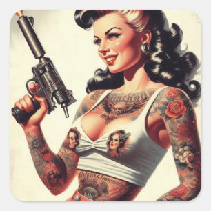 Old School Tattoo Hot Girl Vierkante Sticker