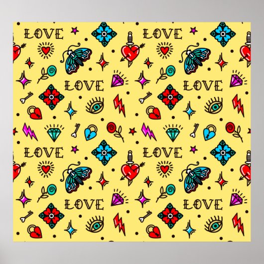 Old School Tattoo Love Pattern Poster (Voorkant)